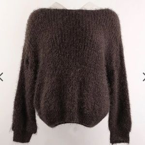 Fuzzy Boat Neck Knit Sweater | Dark brown